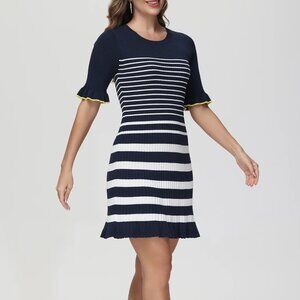 Free Assembly Women's Medium Navy White Stripe Ribbed Knit Ruffle Sweater Dress